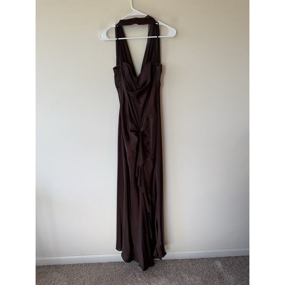 VNTG Betsey And Adam Sheer Halter Chocolate Brown Gown Size 16 - Picture 3 of 13